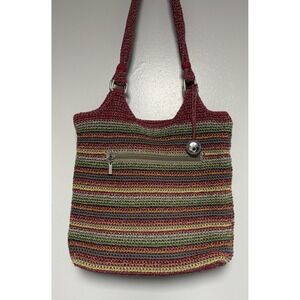 The Saks Tote Multicolor Striped Crochet Fabric Lined Inside Pockets